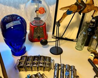 Cobalt blue vintage glass head $75
Type F 1 cent gumball machine $95 sold
Vntg metal Ballpark changers $30, $40, 
($20 sold)