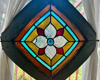 18” square wood framed stained glass window $125