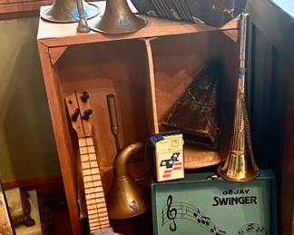 Bugle/ Trumpets $50/$60ea, banjolle$35
Swinger 45 record player $15;
“76” transistor radio $18