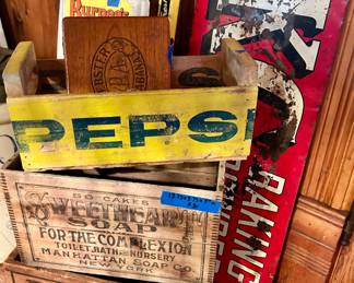 Manhattan soap, company, sweetheart soap crate 13.75w x 8”h $30
Peters small arms ammunition crate $60
Vintage yellow Pepsi crate $20
Cigar box $10

