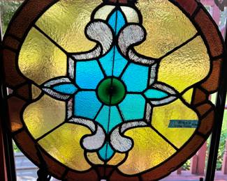 23” round colorful hanging metal framed, leaded stained glass window $200