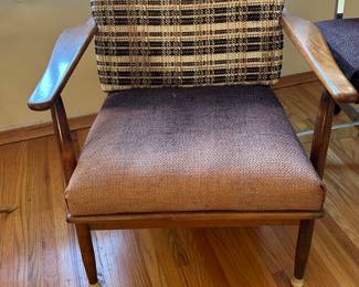 Mid Century Modern Lounge Chair with Vintage Plaid Upholstery
