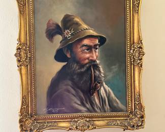 1959 Signed Oil by German Painter of Old Man with a Pipe