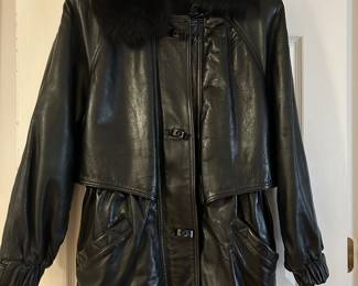 Vintage J Percy Marvin Richards Coat Womens Black Leather Lined Fur Hooded