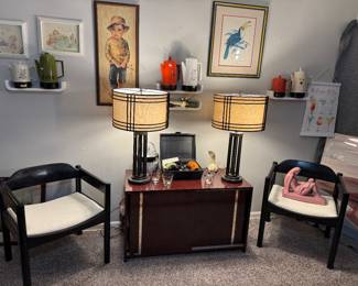Two black chairs  I just refinished and reupholstered them. $90 each.
Two industrial lamps $50 each
Mid-century coffee pots $15 each
