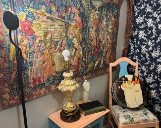 $100 for the French tapestry, $10 each for the phone table in the chair