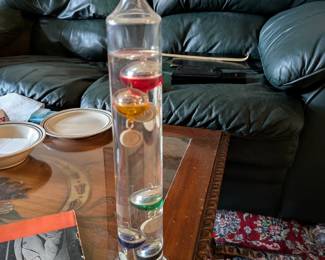 A beautiful and functional piece of scientific decor! This is a classic Galileo thermometer, a sealed glass tube with several colorful floating spheres that indicate the room's temperature. It's a fascinating conversation piece and an elegant addition to any office, study, or living room.