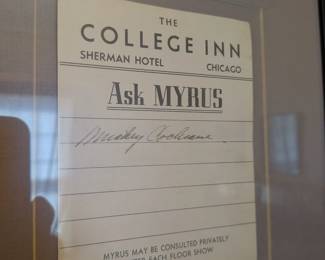 A remarkable and rare piece of baseball history! This framed notepaper from the famous College Inn at the Sherman Hotel in Chicago bears the authentic-looking signature of Hall of Fame catcher and two-time MVP, Mickey Cochrane. This is not only a piece of sports memorabilia but a unique slice of Chicago and baseball history, perfect for a serious collector.