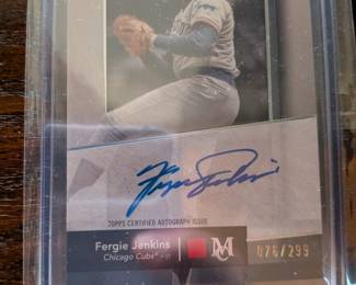 A superb collectible for any baseball fan! This card from the 2024 Topps Museum Collection features an authentic, on-card autograph from Hall of Fame pitcher Fergie Jenkins. The signature is certified and guaranteed by Topps, and the card is a limited edition, numbered 076 out of only 299 made. This is a great, authenticated piece of history for any collector.