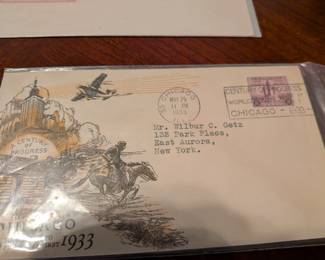 Step back to the 1930s with this lot of three vintage envelopes from the famous "Century of Progress" World's Fair in Chicago. Each envelope features a different illustration, including the iconic "Sky-Ride" and vintage planes. These are fantastic pieces of history for any collector of Chicago or World's Fair memorabilia.
