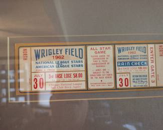 A fantastic piece of baseball history! This is a full, intact ticket from the second 1962 MLB All-Star Game held at historic Wrigley Field. This game featured legends like Willie Mays, Hank Aaron, and Roberto Clemente. A must-have collectible for any serious baseball fan or collector of vintage sports memorabilia.