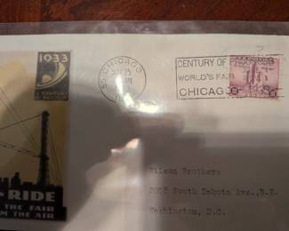 Step back to the 1930s with this lot of three vintage envelopes from the famous "Century of Progress" World's Fair in Chicago. Each envelope features a different illustration, including the iconic "Sky-Ride" and vintage planes. These are fantastic pieces of history for any collector of Chicago or World's Fair memorabilia.