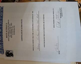 Certificate of authenticity for many items.