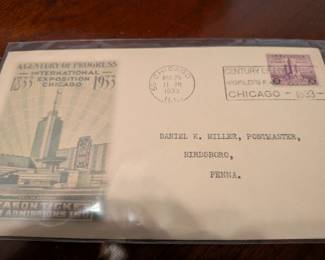 A genuine piece of philatelic and historical art! This is a commemorative envelope postmarked on the first day of issue for the "Century of Progress" World's Fair stamp. The envelope features a special pictorial design and is a must-have for any collector of stamps, Chicago history, or World's Fair memorabilia.