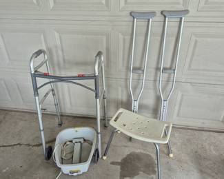 Crutches, foot bath, shower chair and walker