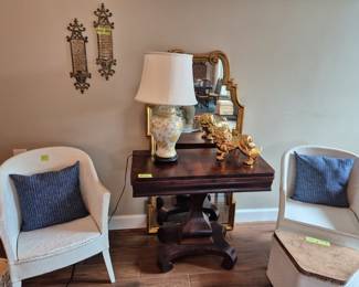 Pair of vintage faux wicker chairs and antique card table