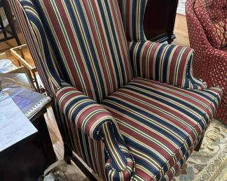Pair of striped navy, cream and burgundy wingback chairs