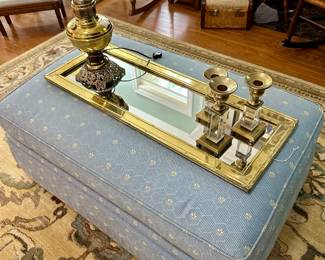 Blue ottoman, brass mirror/tray, glass and brass set of 3 candlesticks and vintage brass lamp