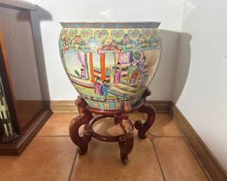 Large Chinese Fish Bowl Plante with Ornate Stand
