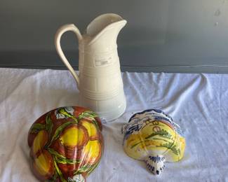 Ceramic Pitcher with Two Italian Majolica Wall Plates.