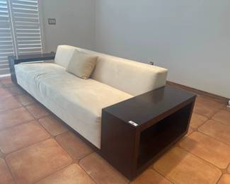 Modern Cream Upholstered Sofa with Built-In Wood Side Tables