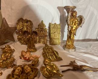 Gold-toned angels & holiday decorations.