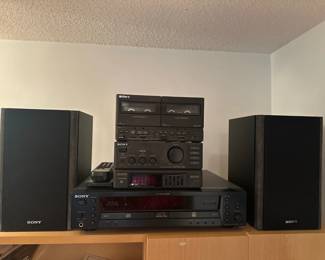 Sony stereo system with dual cassette, CD player, amplifier, and speakers