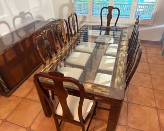 9-Piece Dining Set with Glass Inlay Table and Upholstered Chairs