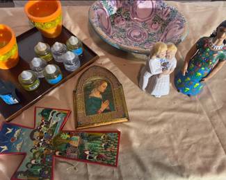 Folk art cross, religious plaques, pottery & figurines