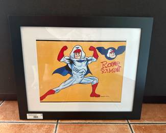 Framed cartoon artwork of Roger Ramjet, 1960s TV character.