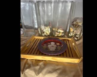 Tall glass vases with shells & decorative plate