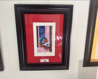 Framed whimsical artwork with red mat-Signed & numbered