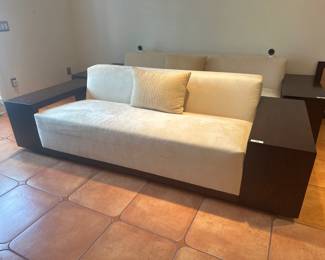 Modern Cream Upholstered Sofa with Built-In Wood Side Tables