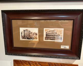 Framed sepia prints of Roman landmarks: the Colosseum and Forum.