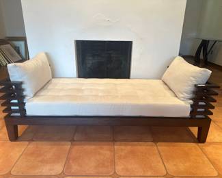 Modern Slatted Wood Daybed with Ivory Tufted Cushion and Bolsters