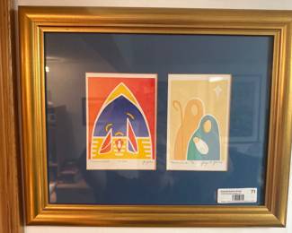 Framed Abstract Religious Prints – Modernist Nativity Pair