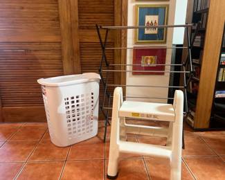Laundry basket, drying rack, and step stool.