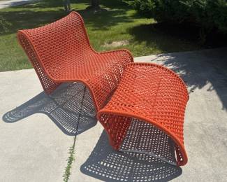 Contemporary Orange Woven Outdoor Chair & Ottoman Set – Sculpted Design