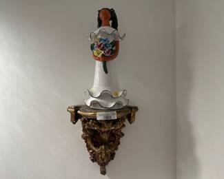 Dominican Republic Ceramic Lady Figurine on Ornate Wall Shelf