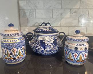 Mexican Talavera Garlic & Onion Jars + Blue Pot