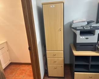Vertical office storage cabinet with door and drawers. Maple veneer finish.