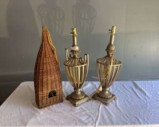 Pair of Ornate Metal Table Lamp Bases & Wicker Decorative Birdhouse