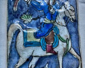 Vintage Antique Persian Iznik QajarGlazed Falconer Horse Tile