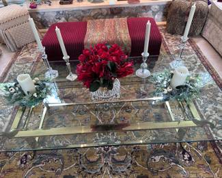 Metal and heavy glass table 
Maroon Fabric Bench
