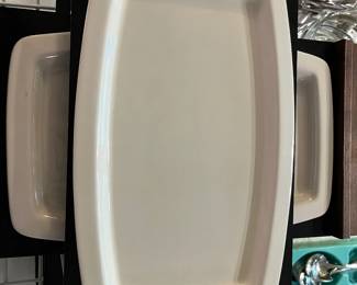 19502 Vintage CUTCO Porcelain & teak steak platters & holders...can you say FABULOUS HOT STEAK!