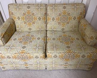Cutest Mid Cen loveseat! This is so comfy and is adorable upholstery, in great condition! Perfect for several rooms in your home or that new dorm room!
