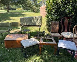 Wooden trunks, footstools, miscellaneous chairs