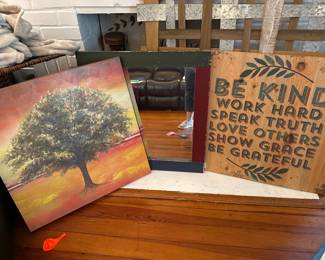 Mirror, canvas and wood sign