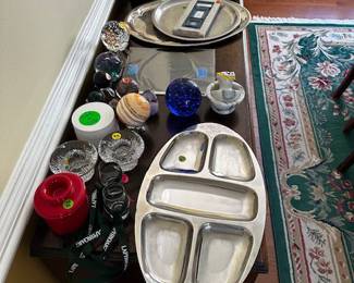 Various serving trays, coaster, candle holders, crystal decorative balls