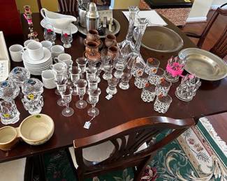 Crystal glasses, crystal chandelier, demi-tasse service for 8